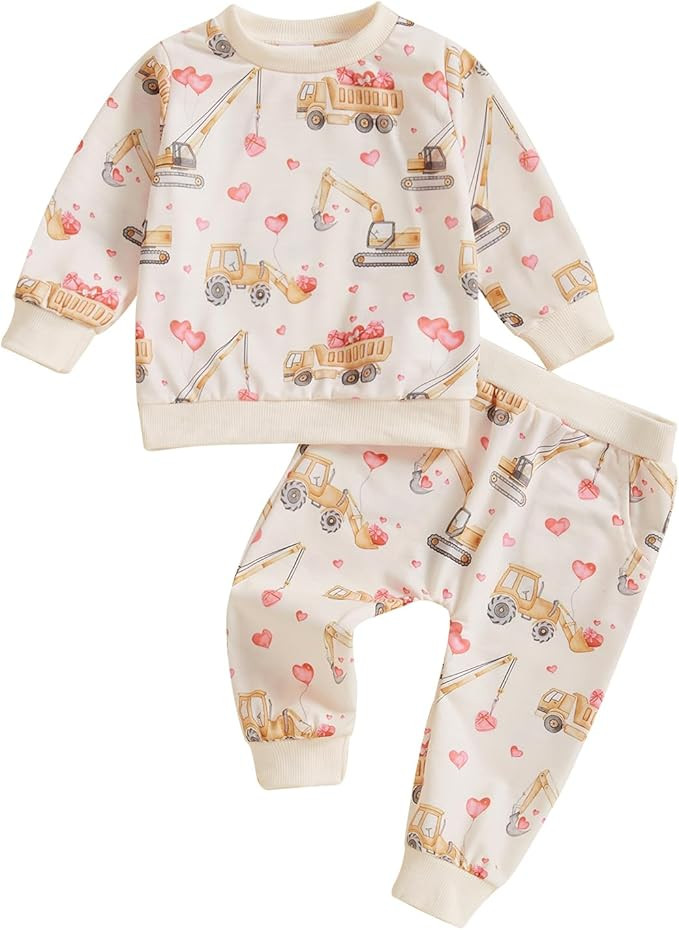 Toddler Baby Boy Valentines Day Outfits Truck Heart Print Long Sleeve Sweatshirt Sweatpants 2Pcs ... | Amazon (US)