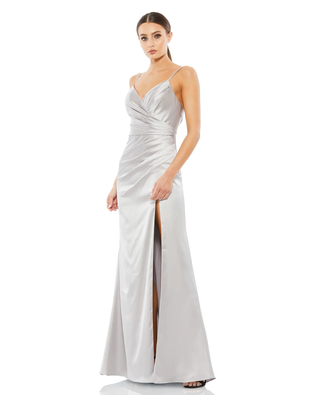 Satin Sleeveless Faux Wrap Ruched Gown | Mac Duggal