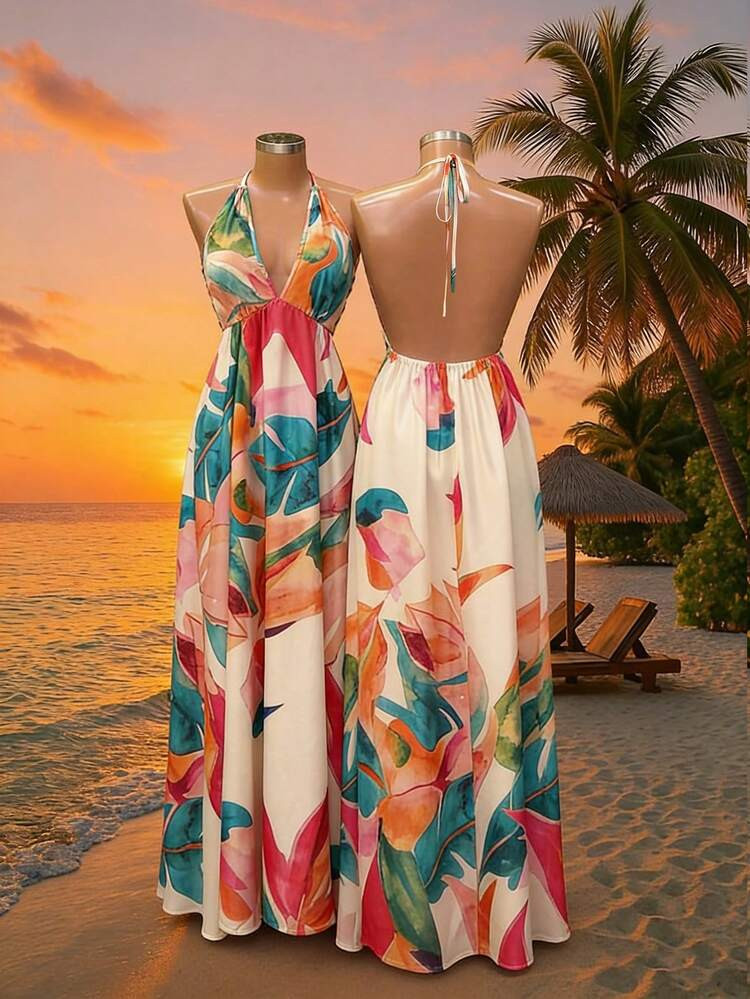 Lunelith SHEIN Lunessa Women's Summer Boho Multicolor Tropical Floral Print Halter Dress,Beach Va... | SHEIN