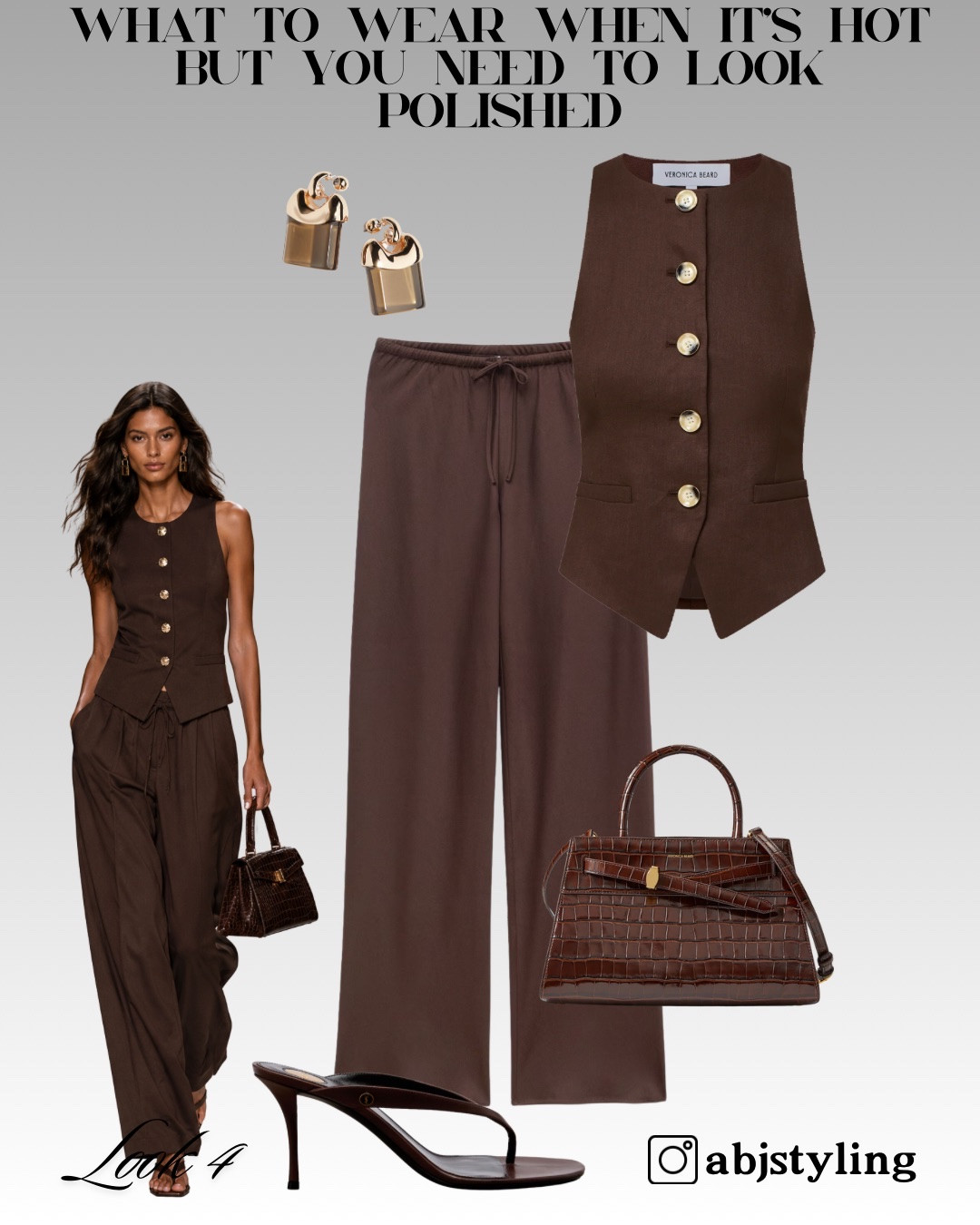 Chocolate brown for summer, styled through lightweight fabrics rather than heavy layers. A fitted waistcoat and fluid drawstring trousers are elevated with a structured croc-effect bag, slim heeled sandals and gold earrings.

Styling tip: Brown looks especially luxurious when several finishes are mixed—matte tailoring, glossy leather and warm gold jewellery.

#LTKuk #LTKsummer #LTKeurope