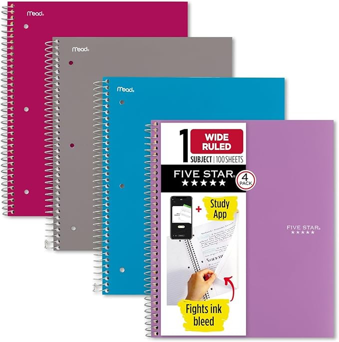 Five Star Spiral Notebooks + Study App, 4 Pack, 1 Subject, Wide Ruled Paper, 10-1/2" x 8", 100 Sh... | Amazon (US)