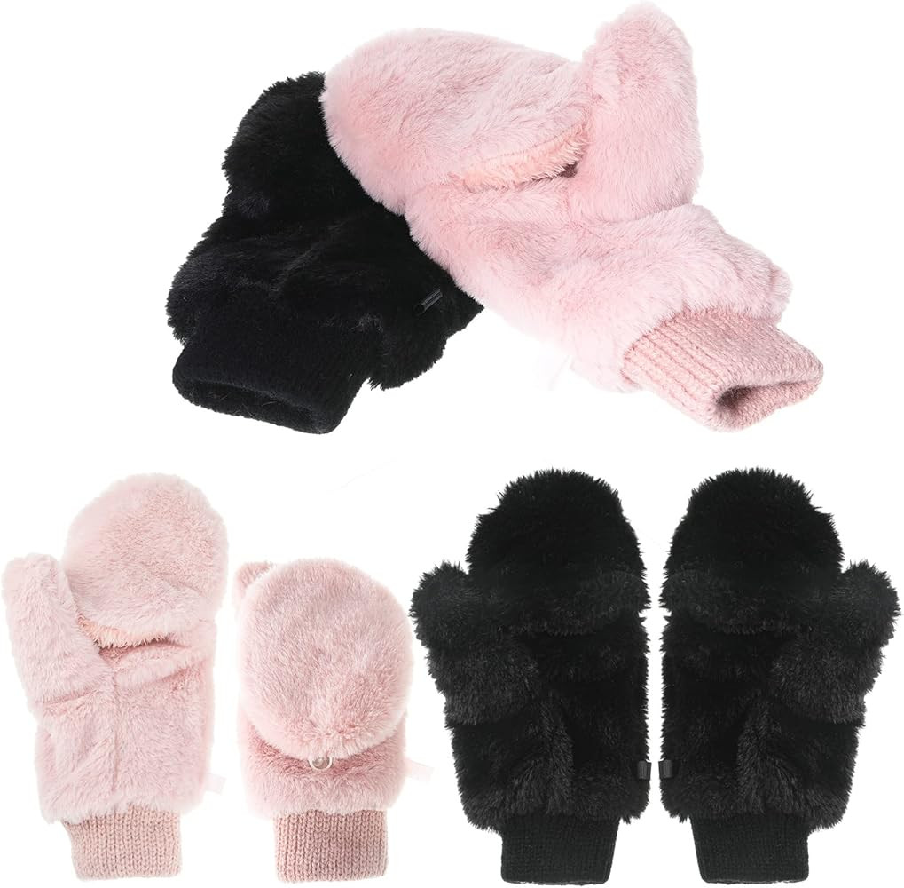 2 Pairs Faux Fur Flip Cover Mittens Winter Warm Fingerless Gloves Soft Half Finger Mittens Faux F... | Amazon (US)