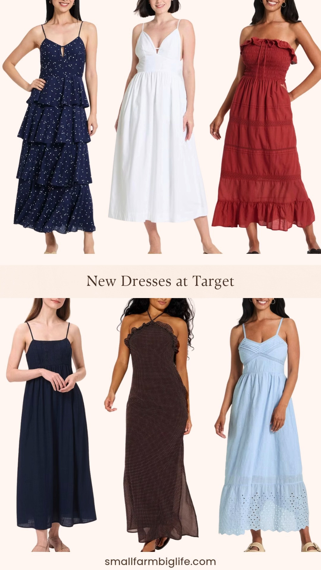 More new dresses at Target and this drop is just as good as the last one. The navy lace bodice maxi is so romantic and elegant for a summer wedding or date night, and the brown polka dot ruffle empire waist maxi is giving the best vintage inspired vibes. The white maxi slip dress is a wardrobe essential that works with everything and the cotton pullover sundress in dark red is the kind of effortless everyday dress you will live in all summer. The light blue cami midi and the navy tiered ruffle maxi round out this drop perfectly for anyone building out their summer dress collection. Tap to shop! 

 #LTKootd #LTKSeasonal #LTKOver40