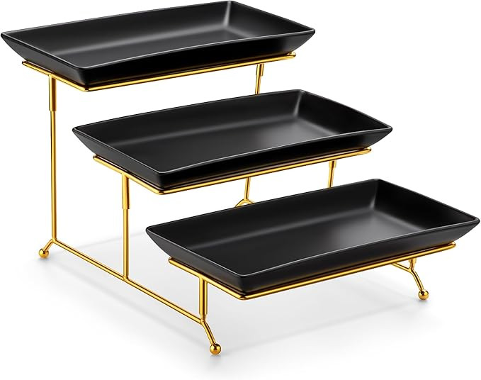 MALACASA 3 Tier Serving Trays for Party, 12 Inch Porcelain Black Trays for Serving Food, Dessert ... | Amazon (US)