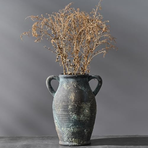 Vaseking Large Ceramic Rustic Vase with 2 Handles, 9.8 inch Farmhouse Flower Vase, Distressed Vase for Home Decor, Living Room, Shelf Decor, Pampas Grass, Enterway, Table Decoration, Black Green | Amazon (US)