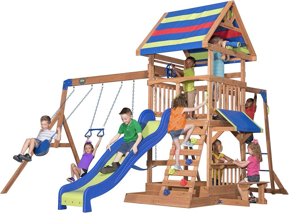 Backyard Discovery Beach Front All Cedar Wooden Swing Set, Large Upper Deck with Canopy, Ships Wh... | Amazon (US)
