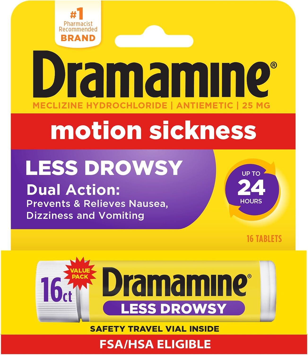 Dramamine Motion Sickness Relief, Less Drowsy, 16 Count | Amazon (US)