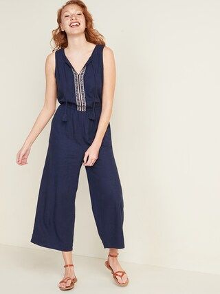 Tassel-Tie Wide-Leg Linen-Blend Jumpsuit for Women | Old Navy (CA)