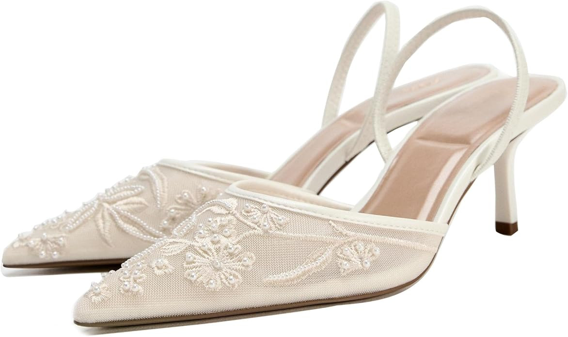 Embroidered Mesh Slingback Heels for Women White Pearl Kitten Heel Pumps Pointed Toe Backless Wed... | Amazon (US)