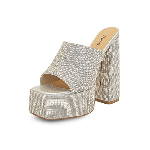 Dsevht Rhinestones Heels Silver Platform Heels for Women Platform Sandals Women Chunky Heel Prom Heels Sparkly Heels Square Toe High Heels Slip on Mules Bling Glitter Heels | Amazon (US)