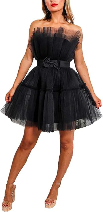 Tianzhihe Tulle Tutu Ruffles Prom Dress Short Mini Homecoming Dress Cocktail Party Gown with Bow | Amazon (US)