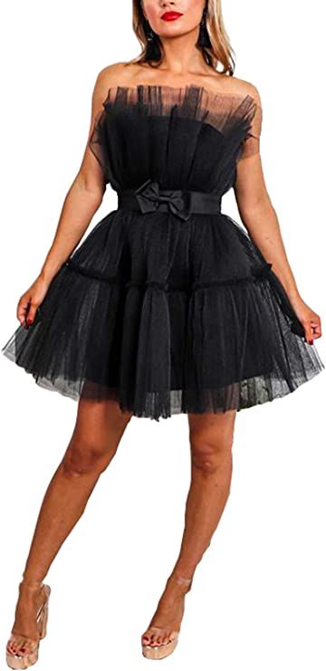 Tianzhihe Tulle Tutu Ruffles Prom Dress Short Mini Homecoming Dress Cocktail Party Gown with Bow | Amazon (US)