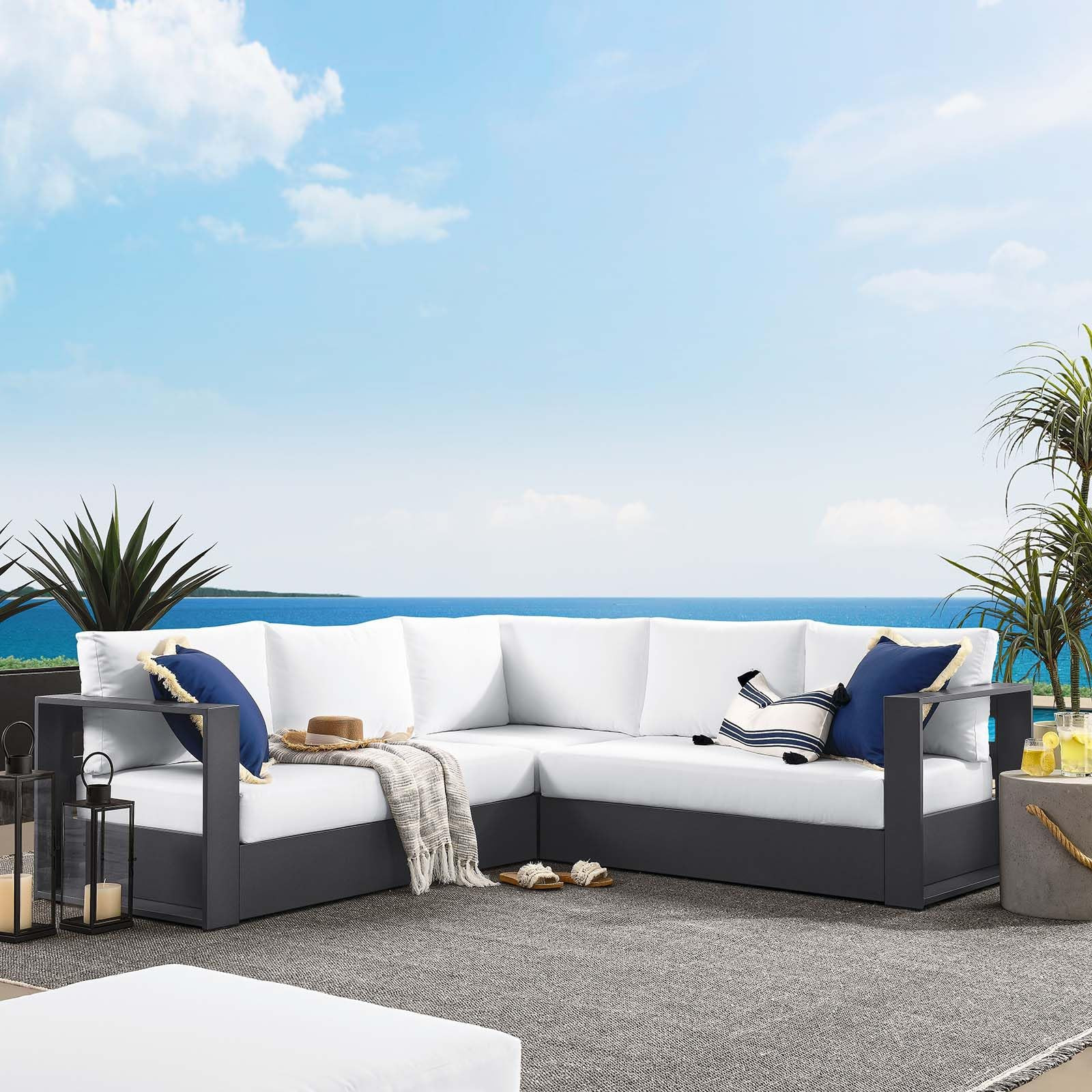 Modway Tahoe Aluminum 3-Piece Outdoor Patio Furniture Gray White, Modular Sectional Sofa Set with... | Amazon (US)