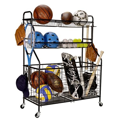 Garage Sports Equipment Organizer, Ball Storage Rack, Toy Storage, Nerf Gun Organization on Wheels for School, Garage, Black, Steel | Amazon (US)