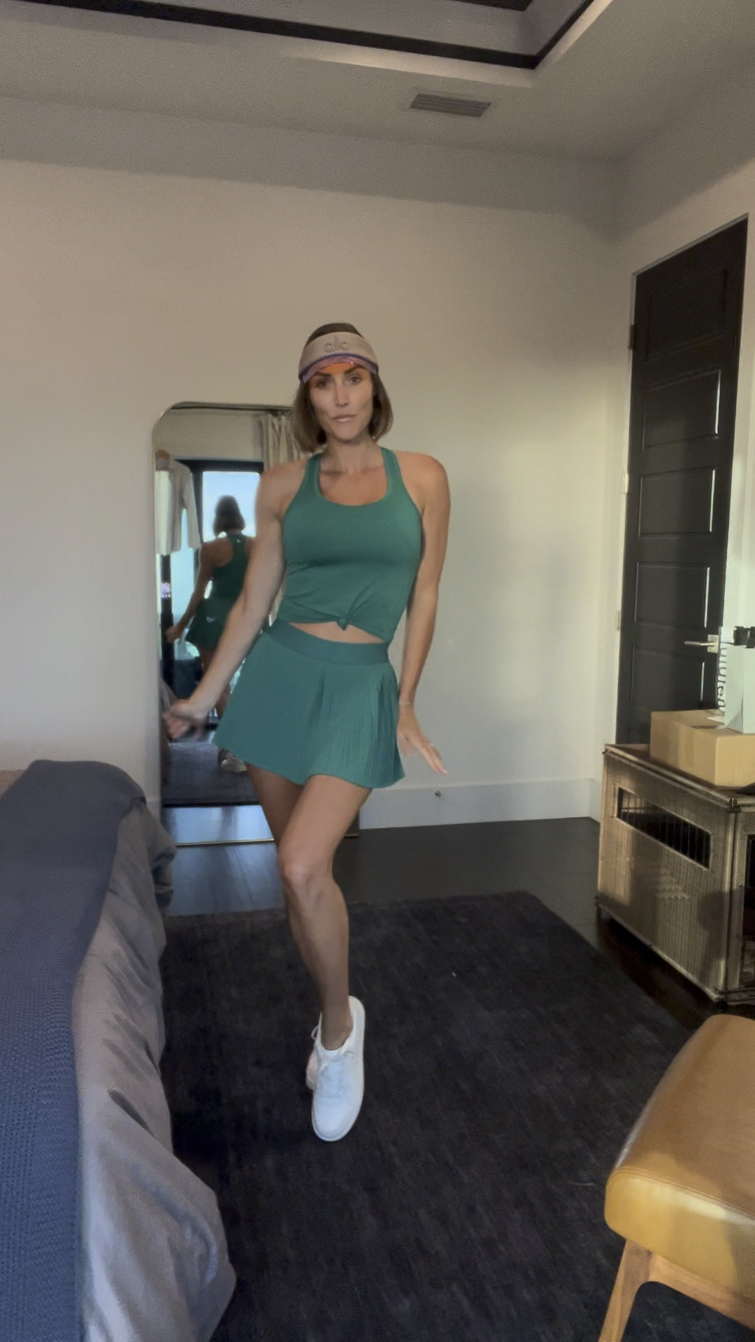 Another cute little pickle ball outfit! Also have the matching bra, underneath. Skirt is so flattering and fun!! Tank is light and super comfy. Lululemon runs small so skirt is a size 6, top is a 4 and bra is a size 8. 