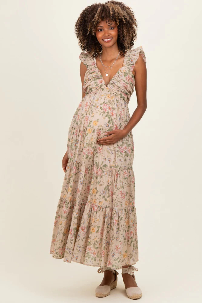 Beige Floral V-Neck Tiered Maternity Midi Dress | PinkBlush Maternity