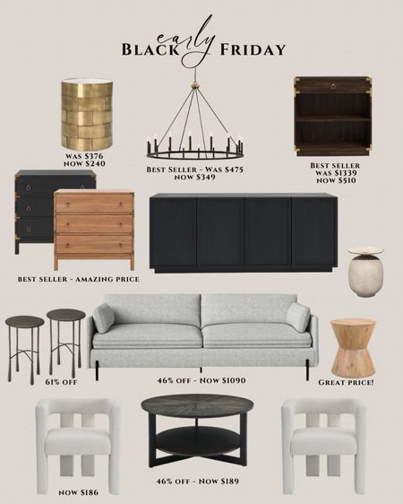 Black Friday early sale. Furniture sale. Modern furniture Black Friday. Modern sofa gray. Black sideboard modern. Round coffee table black. White accent chair dining. Black side table metal. Wooden side table drum style. Black nightstand large. Round chandelier black. Brass side table round. 