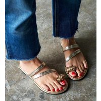 Gold Leather Flat Sandals, Handmade Strappy Slide Sandals With Crystal Embellishment, Elegant Summer Shoes For Weddings, Beach & Casual Chic | Etsy (US)