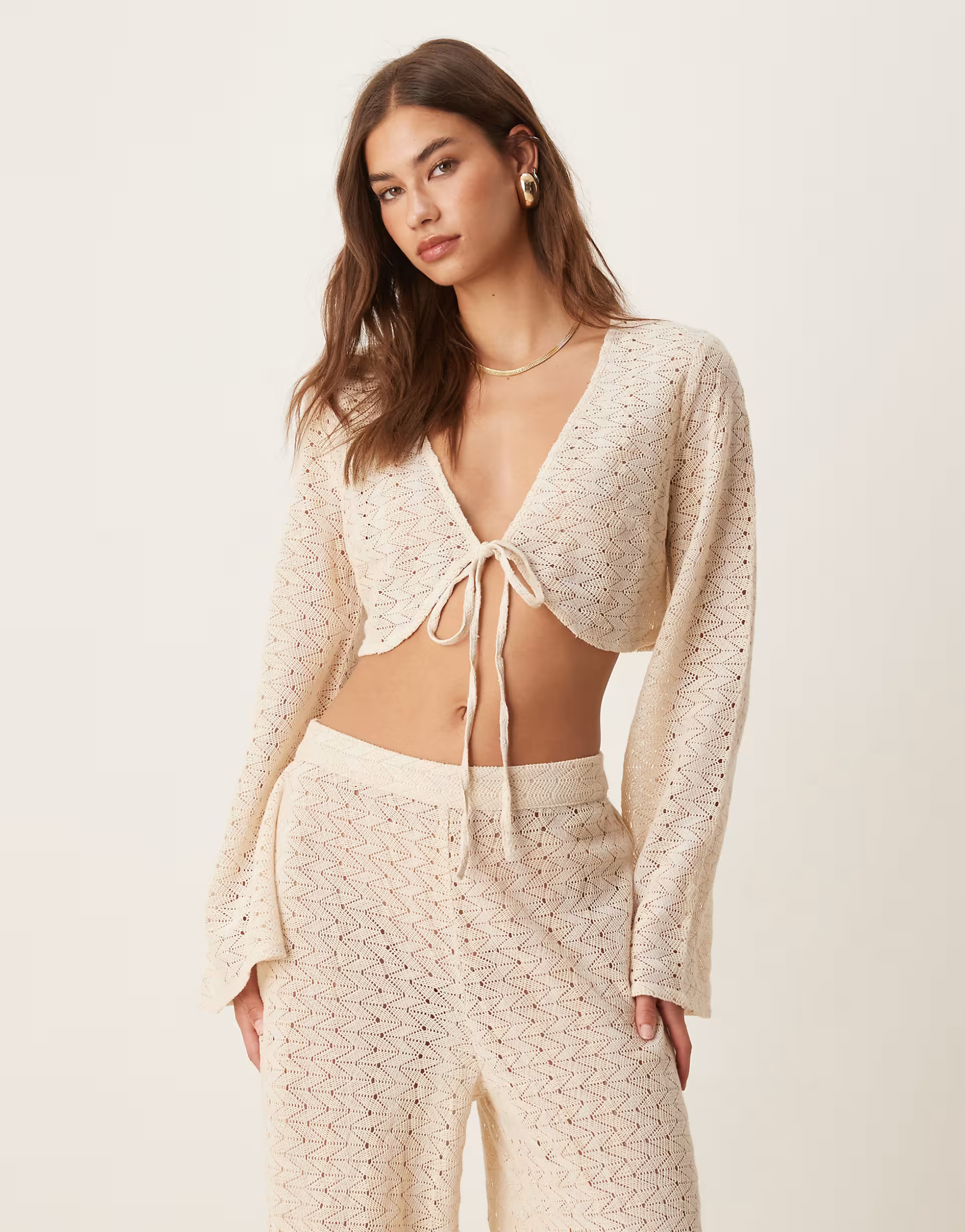 Aray crochet long sleeve beach top co-ord in beige | ASOS (Global)