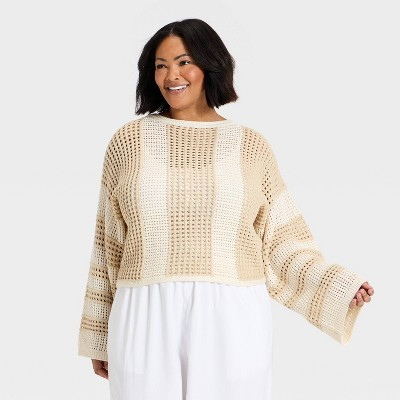 Women's Open Work Oversized Pullover Sweater - A New Day™ Cream Striped 1X | Target