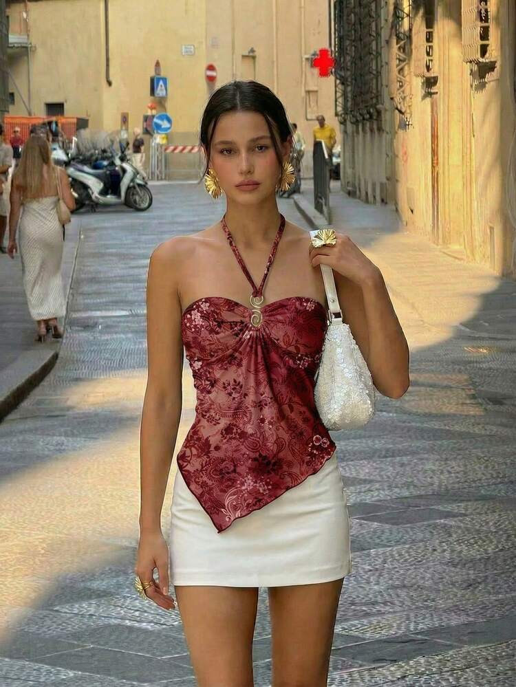 Aloruh Women's Ruched Asymmetric Hem Backless Vintage Paisley Print Camisole Top, Suitable For Summer Beach Vacation, Boho Tropical Resort Music Festival, Country Music Concert, Ibiza, Nashville, Western Cowgirl Style, Bohemian Street Style, Tropical Sexy Style, Cute Summer Top Valentine's Day | SHEIN