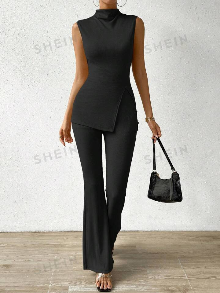 SHEIN Essnce Mock Neck Split Hem Tank Top & Flare Leg Pants | SHEIN