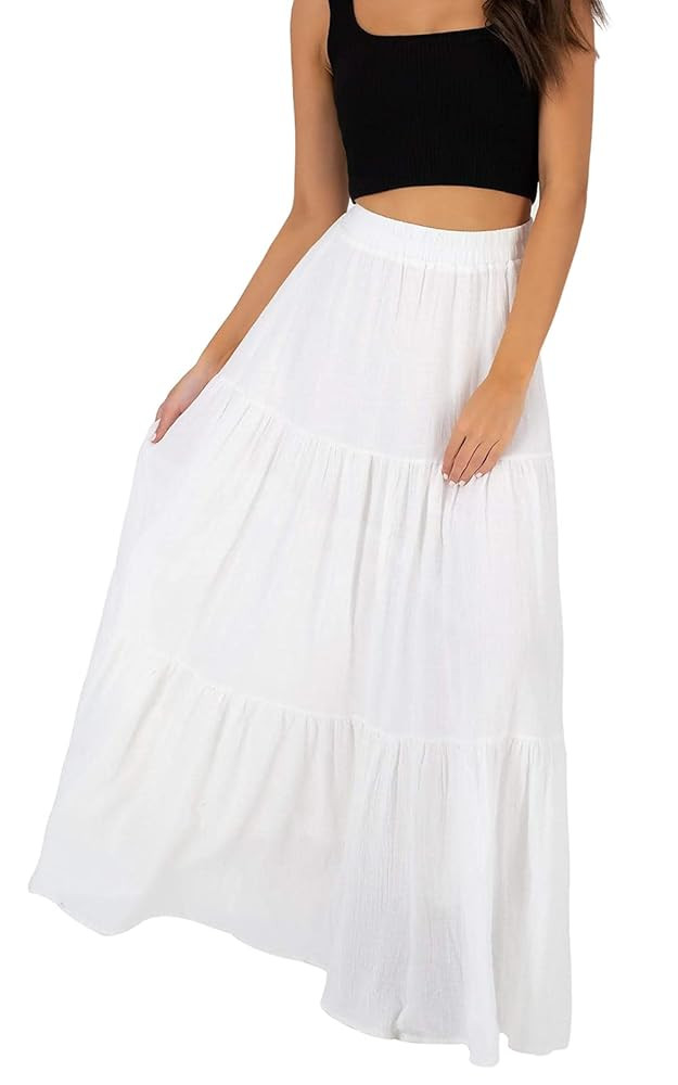 Annebouti Womens Spring Summer Boho Elastic Long Skirts High Waist Pleated A Line Tiered White or... | Amazon (US)