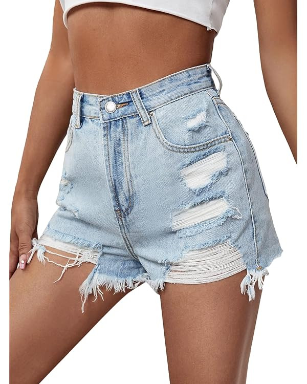 Floerns Women's Raw Hem High Waist Denim Shorts with Pocket | Amazon (US)