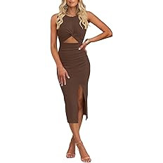 oten Women's Casual Sleeveless Cutout Twist Front Side Slit Ribbed Knit Party Bodycon Midi Dresse... | Amazon (US)