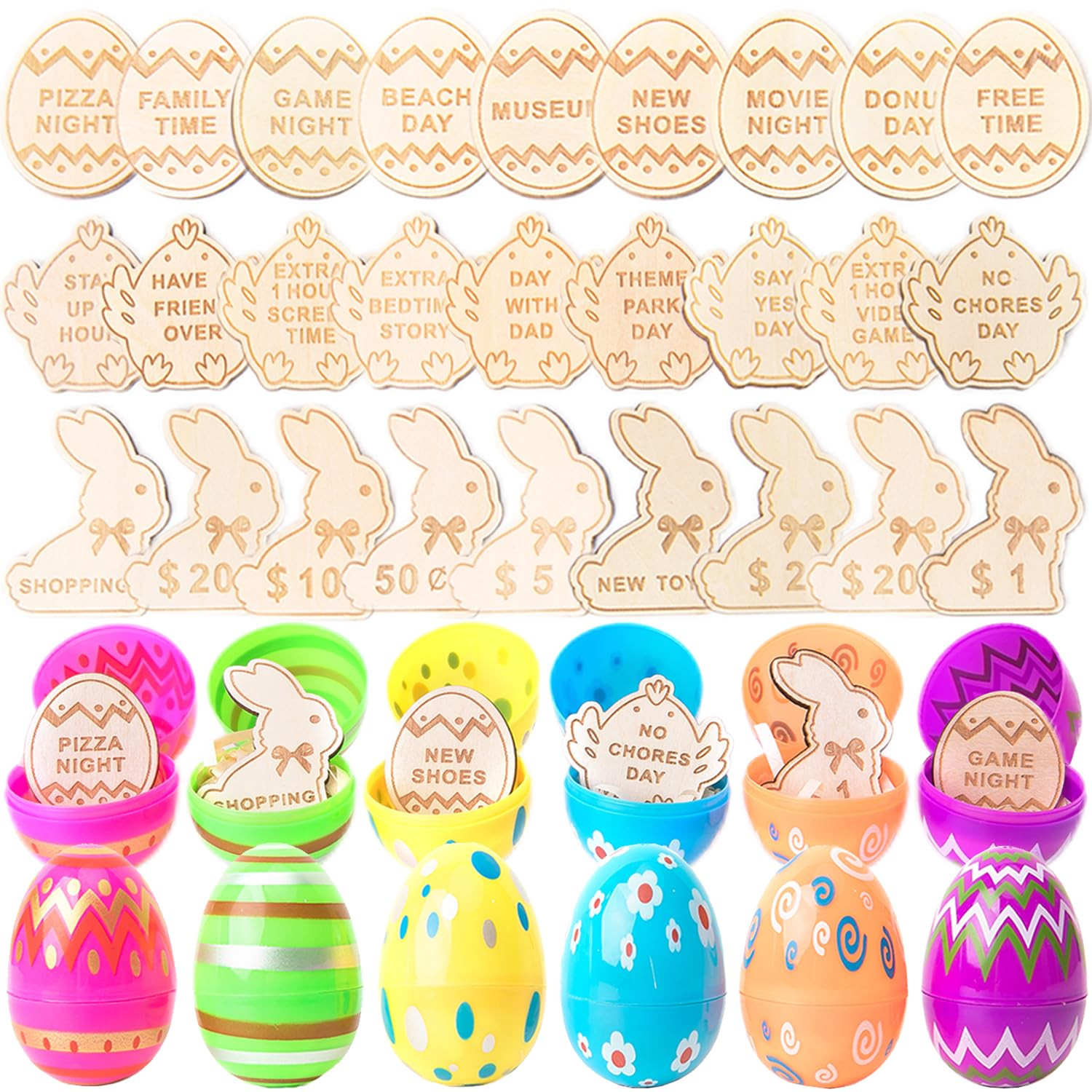 TMLDOT 27 Pack Wooden Easter Egg Tokens Set with Plastic Easter Eggs, Prefilled Easter Eggs with ... | Amazon (US)