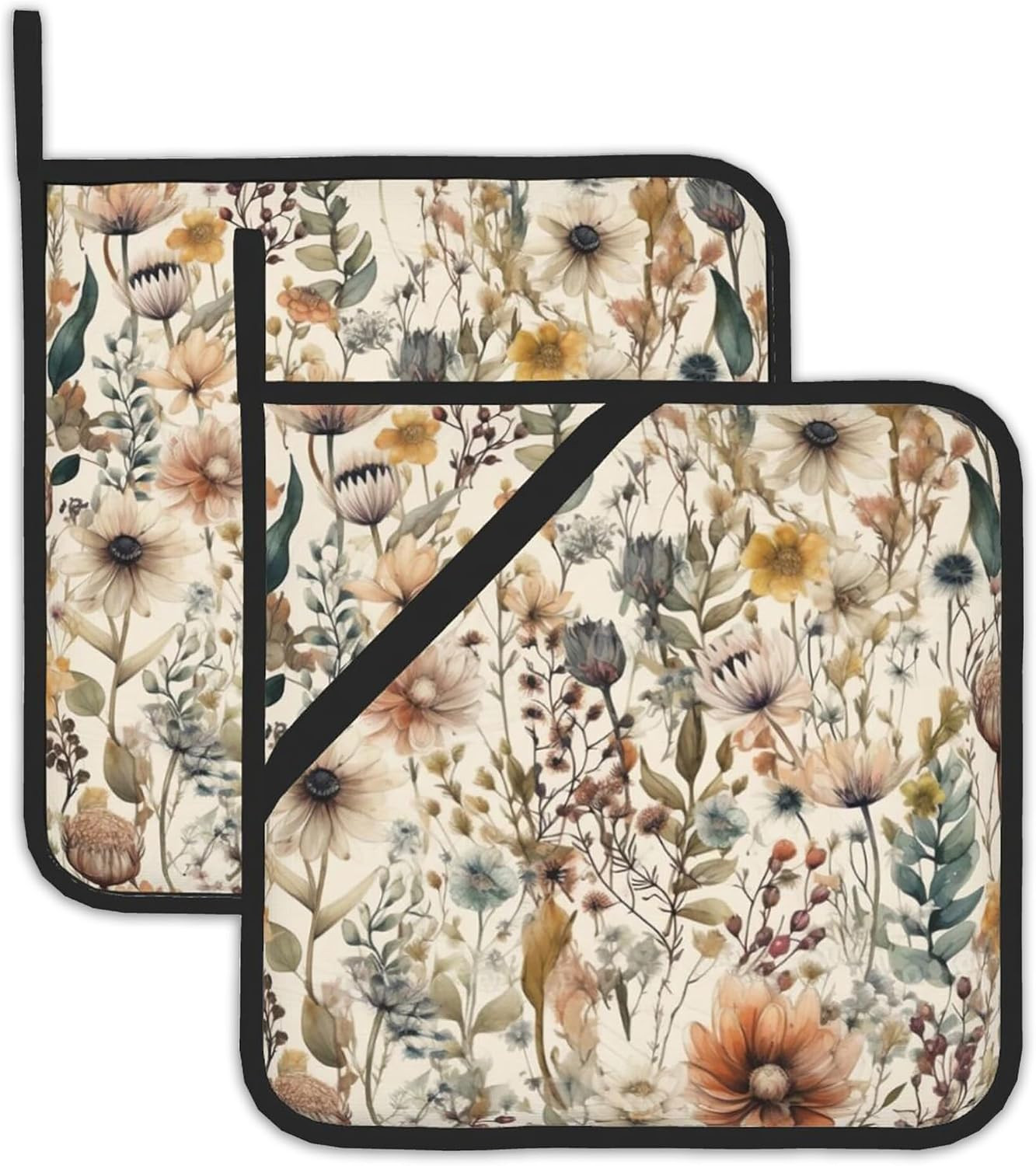 2PCS Boho Watercolor Floral Pot Holder with Loop,Heat Resistant Oven Pads,Hot Pat for Kitchen Cooking Baking Food | Amazon (US)