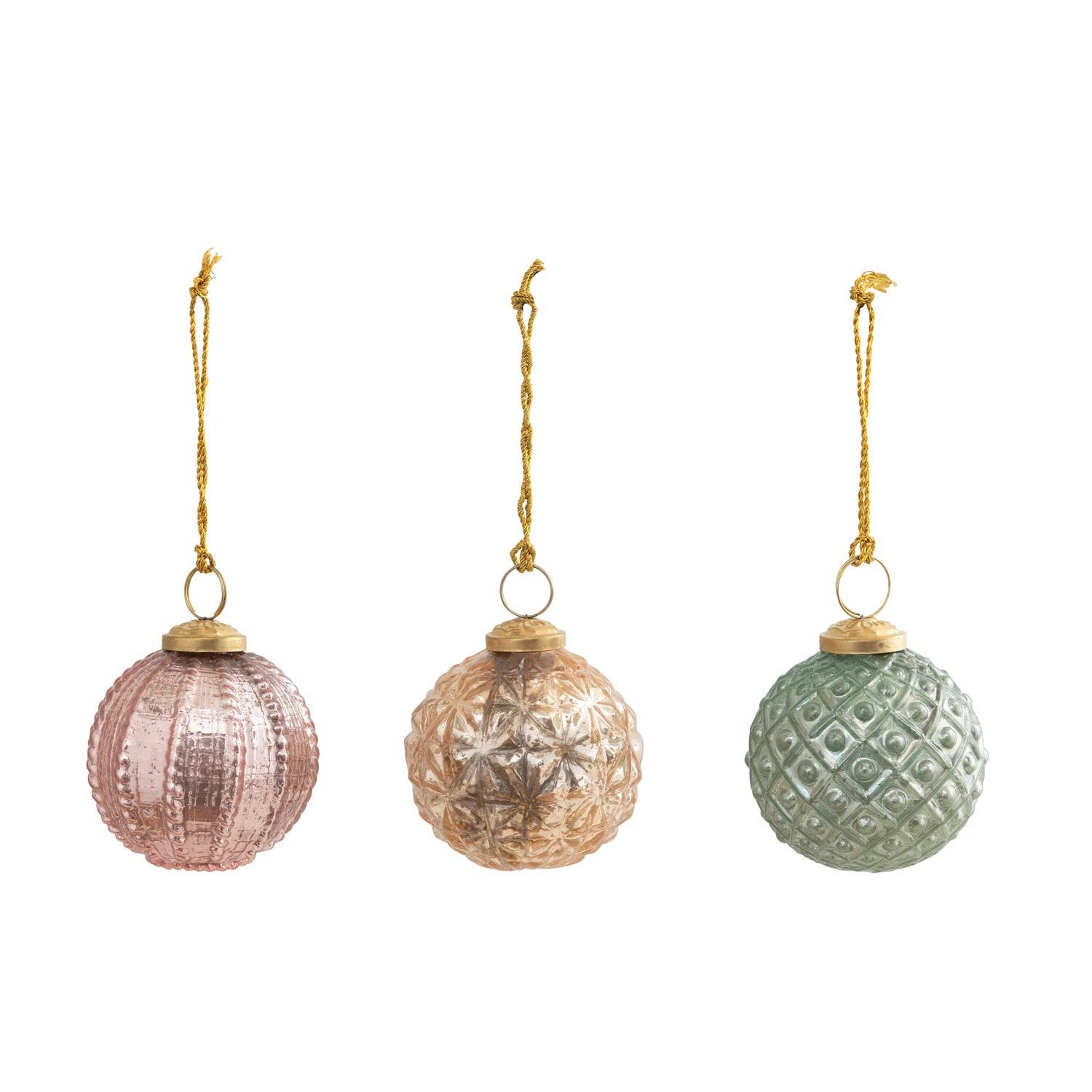 Creative Co-Op Embossed Glass Ornaments in Kraft Box, Pink, Green and Gold Color, Set of 3 | Amazon (US)