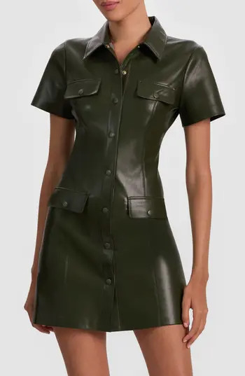 Alice + Olivia Jamie Faux Leather Mini Shirtdress in Dark Olive at Nordstrom Rack, Size 2 | Nordstrom Rack