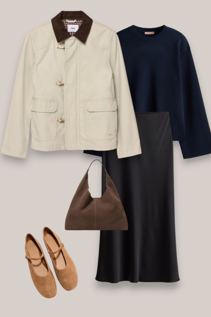 Love mixing casual and dressy pieces for fall 🤎 A cream barn jacket and navy sweater make this black satin skirt feel so much more wearable for daytime. Finished with suede Mary Janes and a slouchy bag.

#barnjacket #satinskirt #falloutfit #midiSkirt #fallstyle

#LTKautumn #LTKdatenight #LTKstyletip