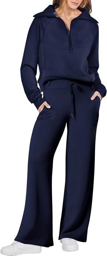 ANRABESS Women 2 Piece Outfits Sweatsuit Set 2023 Fall Oversized Half Zip Sweatshirt Wide Leg Swe... | Amazon (US)