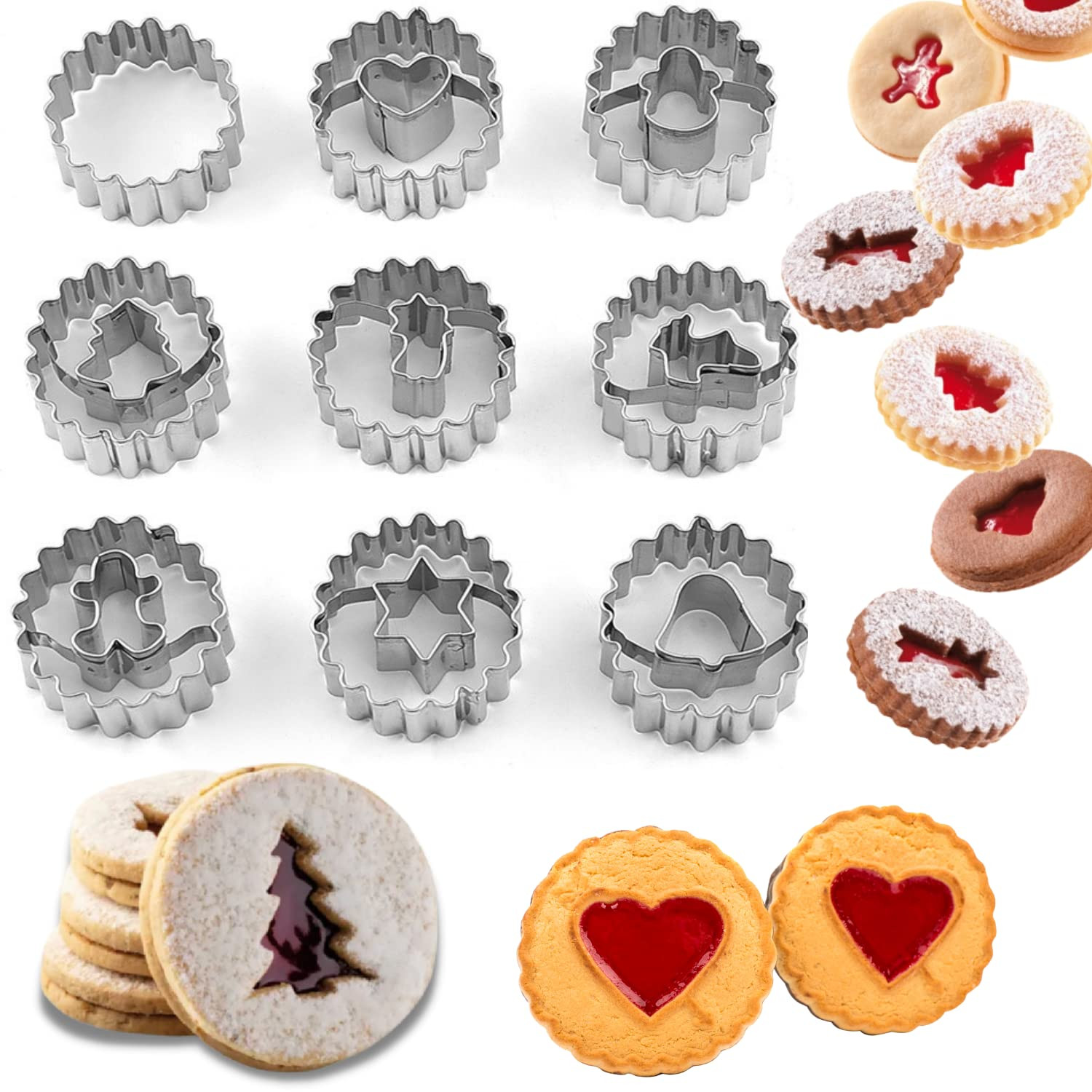 Crethinkaty 9 Pcs Mini Linzer Cookie Cutters Set, Stainless Steel - Christmas Tree, Gingerbread M... | Amazon (US)