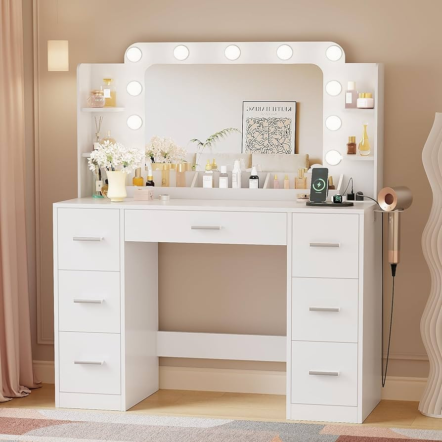 YESHOMY Vanity Desk with Large Lighted Mirror, Power Outlet and 11 Lights, Makeup Table with 7 Dr... | Amazon (US)
