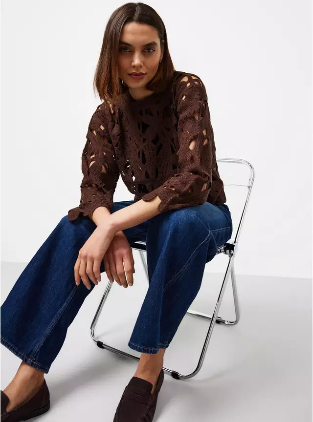 Brown Floral Crochet Fluted Sleeve Jumper S | Tu Clothing