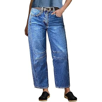 Flamingals Straight Leg Jeans for Women Mid Rise Barrel Cropped Casual Stretchy Wash Stitch Ankle... | Amazon (US)