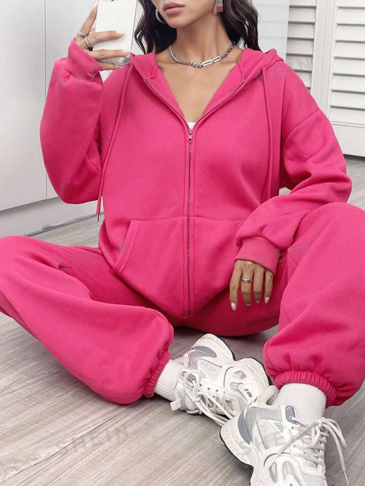 SHEIN Essnce Zip Up Drop Shoulder Drawstring Thermal Lined Hoodie & Sweatpants | SHEIN