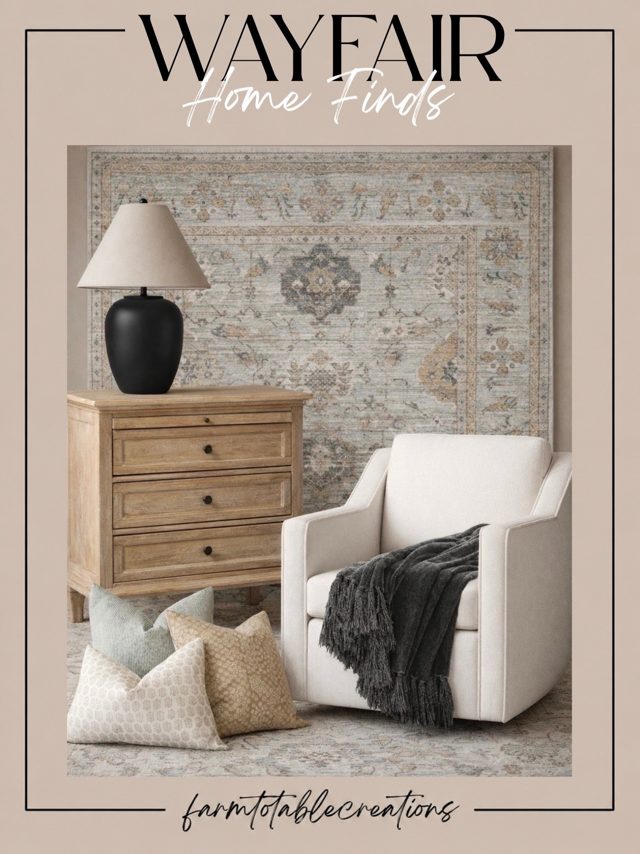 Neutral Accent Chair Styling with Patterned Pillows and Vintage-Inspired Rug

Follow @farmtotablecreations on Instagram for more home styling ideas and daily deals.

This cozy neutral setup is one of those easy styling combinations that works almost anywhere in the home. The soft upholstered accent chair paired with the vintage-inspired rug and warm wood nightstand creates a relaxed layered look, while the stacked pillows add subtle pattern and texture. I love how the black lamp grounds the space and the throw blanket keeps everything feeling warm and inviting.

Perfect pieces if you’re looking to refresh a bedroom corner, reading nook, or living room with soft neutrals and timeless textures.

#accentchair #throwpillows #vintagerug #bedroomdecor #livingroomdecor #neutraldecor #homedecorfinds #arearug #tablelamp #woodfurniture

#LTKHome #LTKSaleAlert