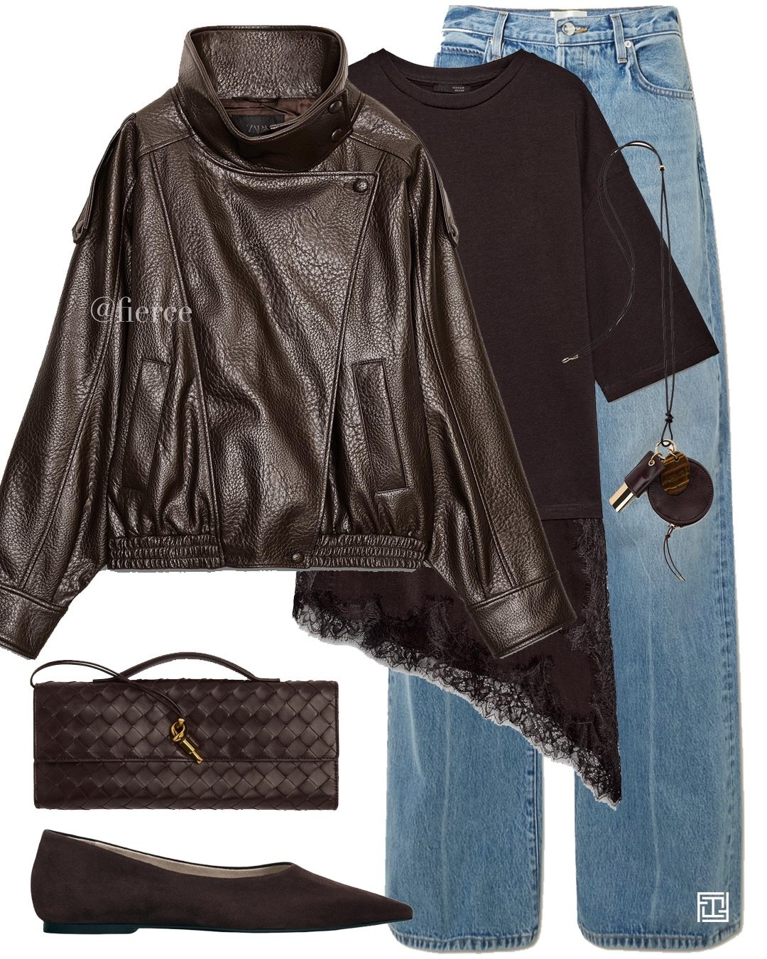 Chocolate brown Zara leather jacket blue jeans woven clutch bsh suede flat ballet flats lace trim tshirt casual chic outfit 

#LTKspring #LTKuk #LTKeurope