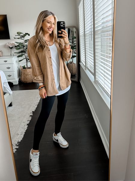 Wearing a small in Amazon tee, small in amazon button down, and xs in amazon leggings. // 

Corduroy button down. Corduroy shacket. Nike court legacy sneakers. Fall outfit. Casual style. Fall style. Fall sneakers. Lululemon leggings dupe. Layering tee  

#LTKshoecrush #LTKsalealert #LTKSeasonal