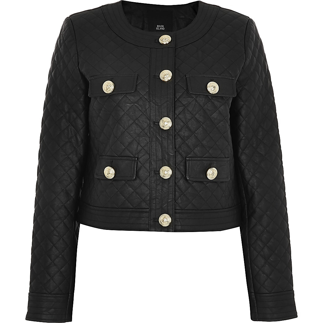 Black faux leather quilted jacket | River Island (UK & IE)