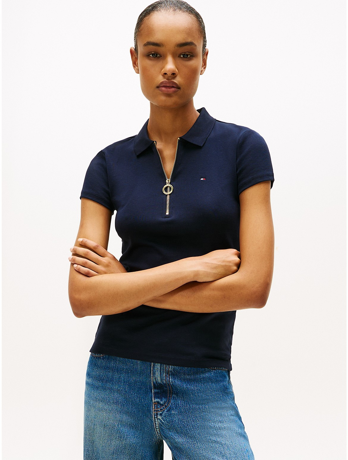 Tommy Hilfiger Women's Slim Fit Zip Polo - Navy - XL | Tommy Hilfiger (US)