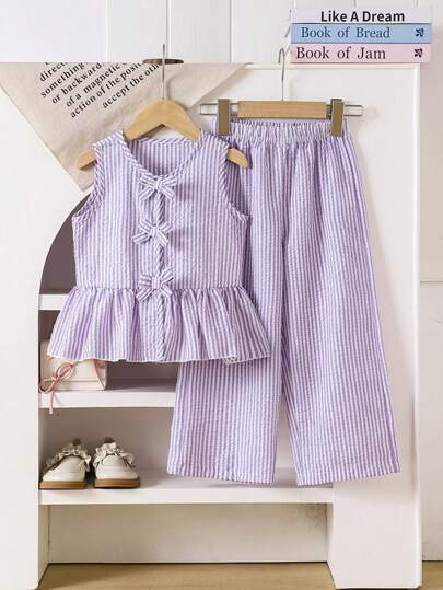 Elladie kids 2Pcs/Set Young Girl Summer Casual Striped Top And Pants Set | SHEIN