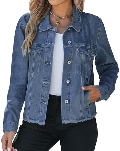 Vetinee Women's Denim Jacket Distressed Jean Jacket for Women Trendy Lightweight Denim Jackets for Women Classic Blue Small Fits Size 4 / Size 6 | Amazon (US)