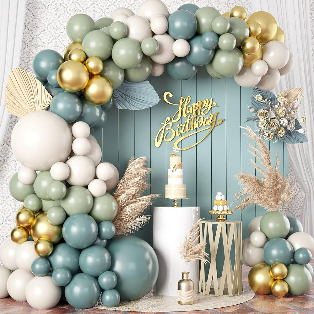 Dusty Sage Green Blue Gold Balloon Garland Kit, 107 PCS Pastel Olive Green Slate Blue Beige Metal... | Amazon (US)