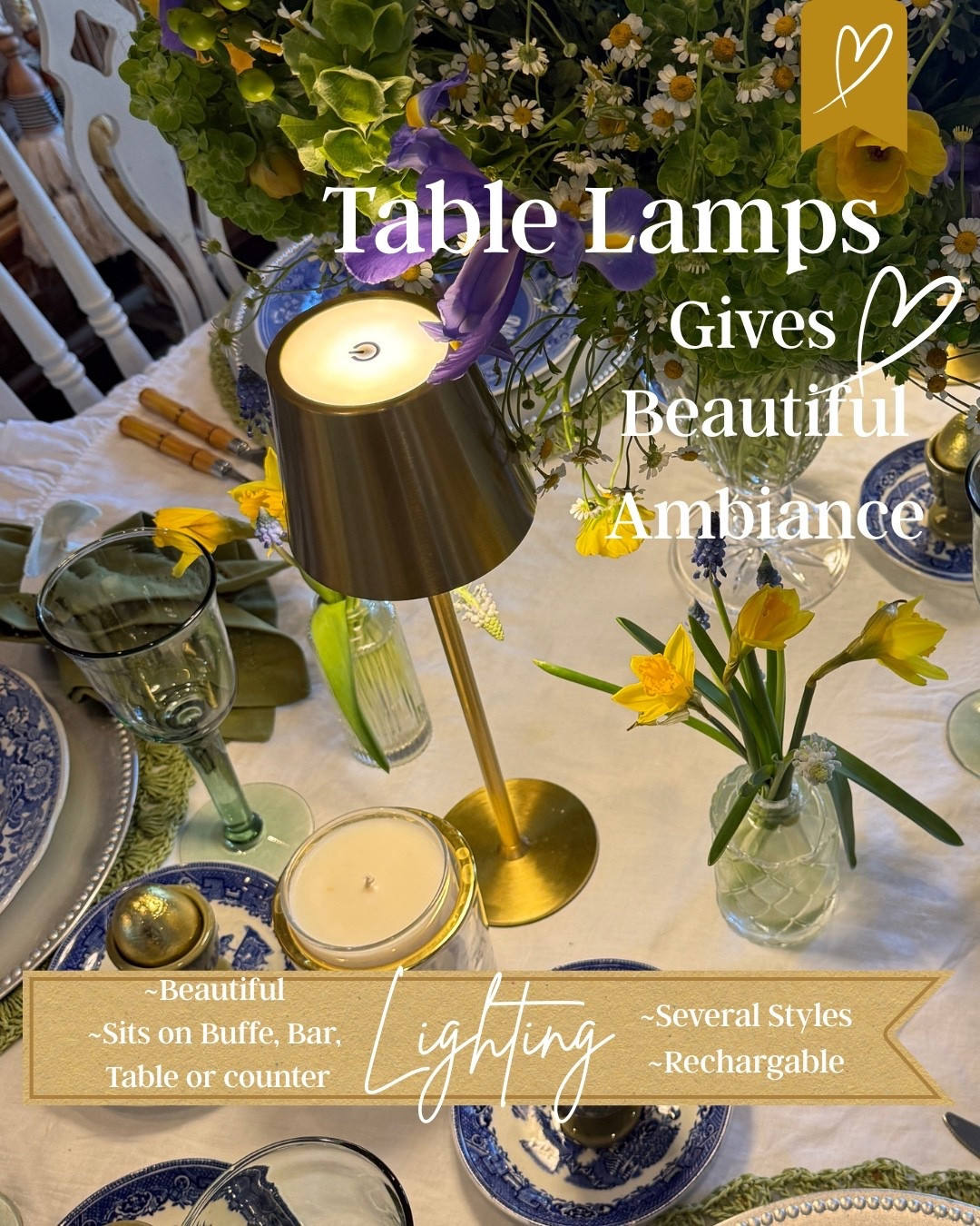 Table lamps 

Gives an beautiful ambiance 
Rechargeable and a variety of styles

#LTKHome #LTKfoodie