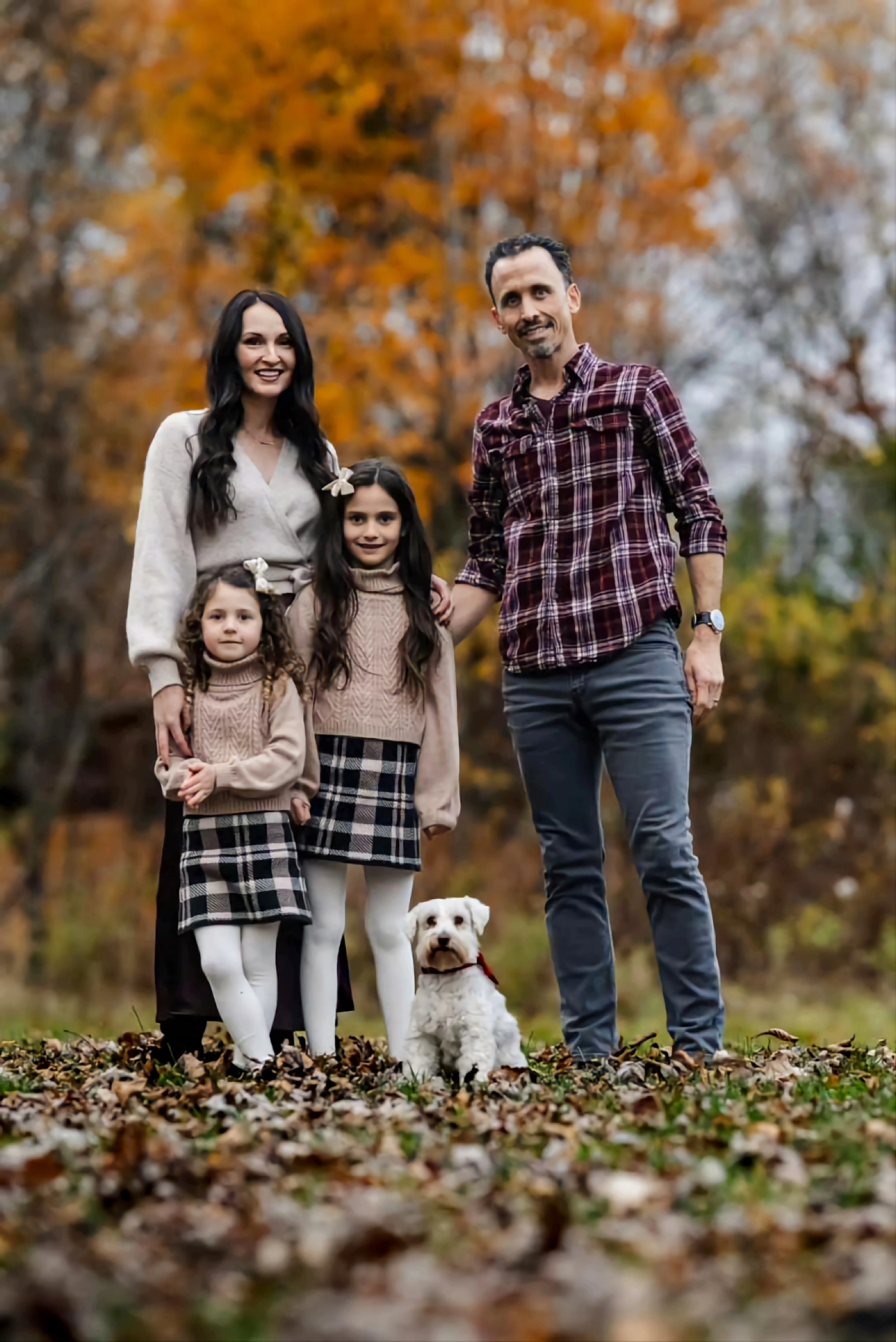 Holiday Family photo outfit inspo! I paired a wrap sweater with a midi satin skirt, the girls wore a plaid skirt and sweater,  and my husband wore the most affordable men's flannel... and I found a satin bow collar for my beautiful pup! The perfect combination for holiday cards!

#LTKHoliday #LTKFamily #LTKKids